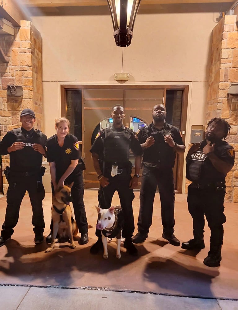 Five law enforcement officers in black uniforms posing with two dogs in front of a brick building entrance at night