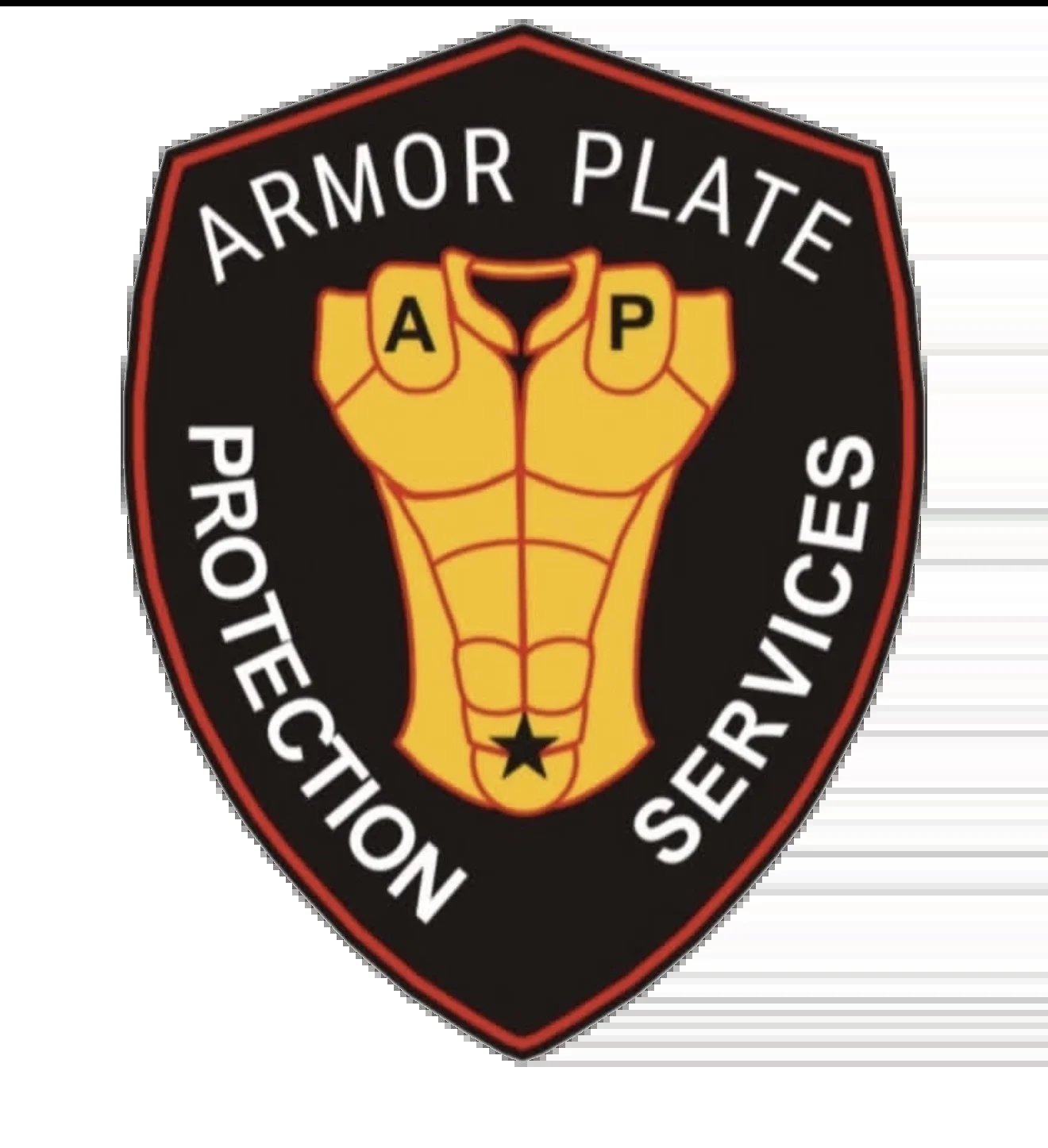 Armor Plate Protection Services logo featuring a golden body armor chest plate on a black shield with red border