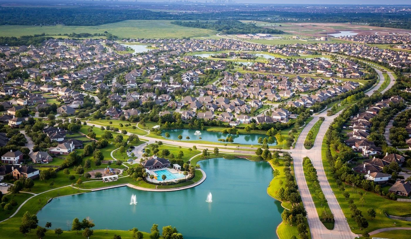 Aerial view of a suburban residential area with blue lakes, winding roads, and green spaces surrounded by houses