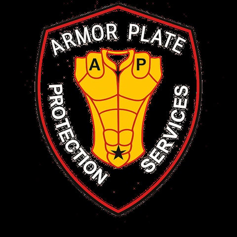 Armor Plate Protection Services logo badge with yellow body armor shield design and red border