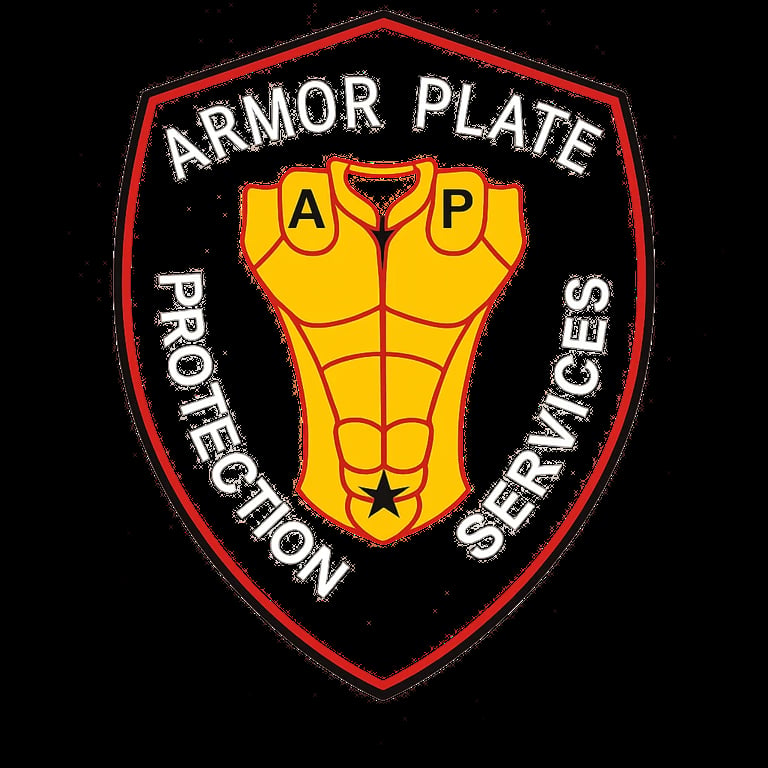 Armor Plate Protection Services logo badge with yellow body armor shield design and red border