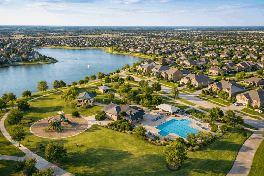 Aerial view of a suburban community with a blue swimming pool, playground, manicured lawns, a lake, and residential homes scattered throughout